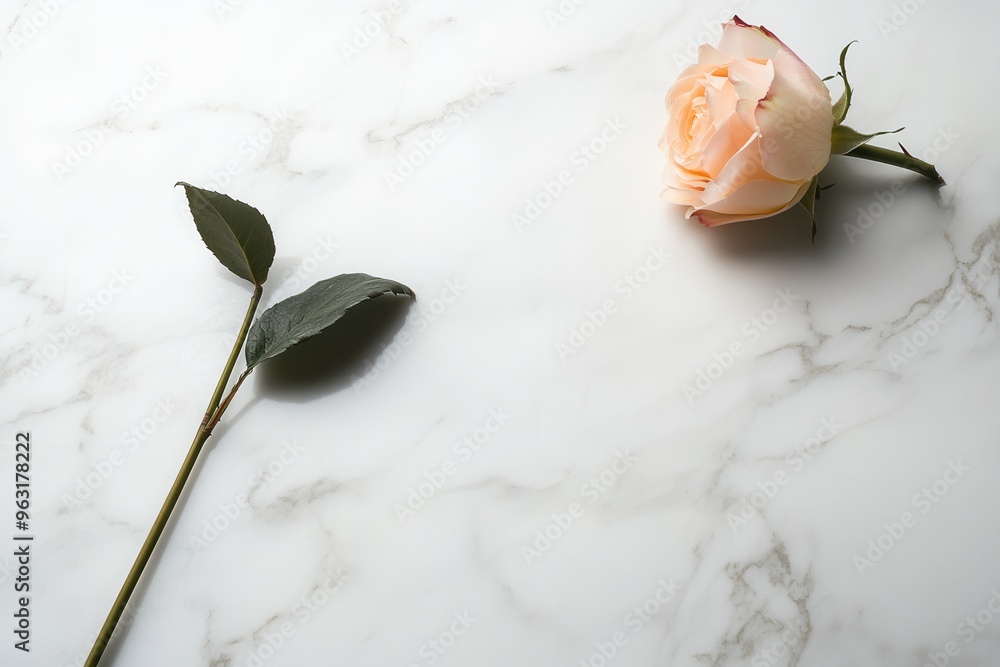 Poster a soft pink rose rests gently on a smooth white marble surface, evoking calmness in a minimalist arr