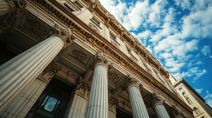 Classical Building with Ornate Pillars Under Blue Sky