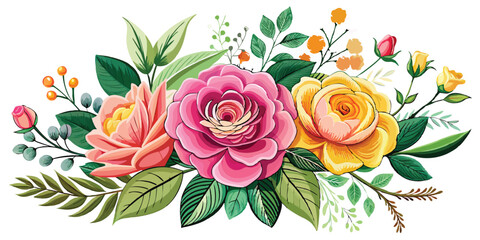 Colorful Floral Branch with Pink & Yellow Roses, Wildflowers - Vector style on white background. 