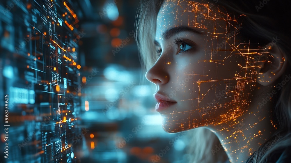 Poster Woman on digital tablet futuristic network overlay and iot cloud data communication hologram with blockchain coding technology Future of cyber security fintech software and information : Generative AI