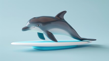 Obraz premium A cartoon dolphin surfing on a surfboard in a blue background.