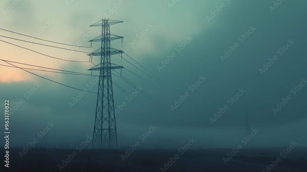 Leinwandbilder Detailed shot of an electricity transmission tower with power lines extending into the distance, highlighting the structural complexity and scale of the infrastructure