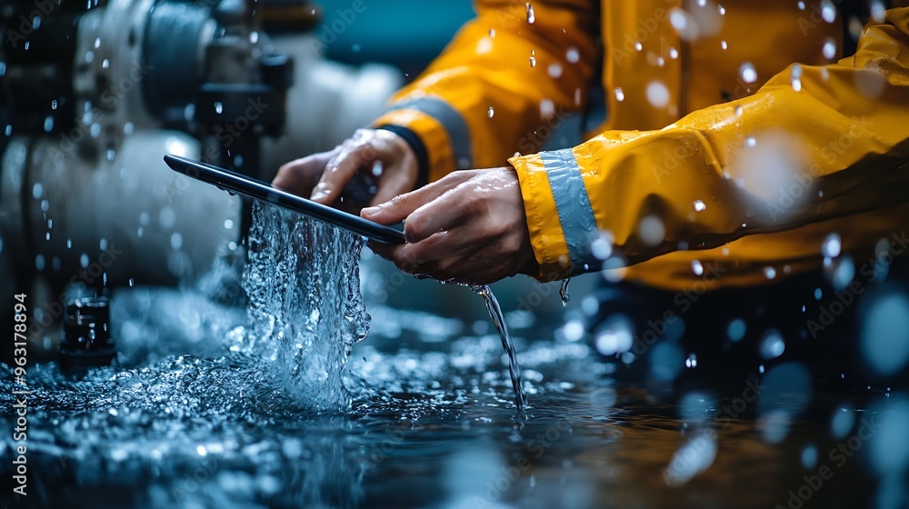 Poster photo of person using a tablet on water pump background person working on a digital tablet : generat