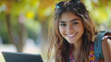 Fototapeta premium Adorable hispanic teen girl with a backpack making eye contact while smiling and using a laptop to do homework : Generative AI