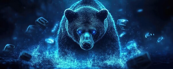 A mystical bear emerges from glowing blue water, highlighting its fierce presence in a surreal, enchanting environment.