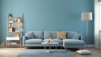 Interior design of living room with sofa, picture frames and space.