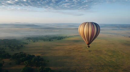 Obraz premium 7. An old-fashioned hot air balloon rising over a vast, open countryside