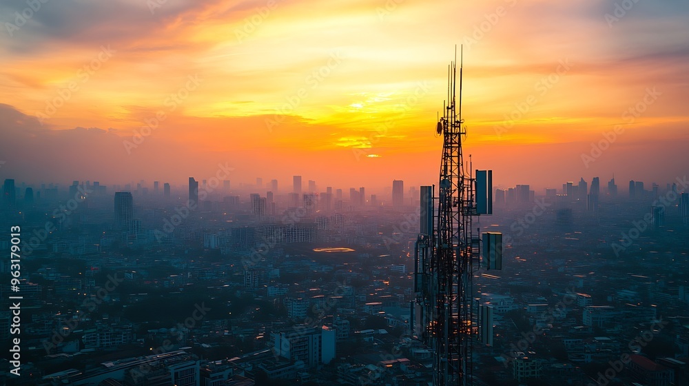 Leinwandbilder antenna communication technology with city background communication tower connect to data of smart c
