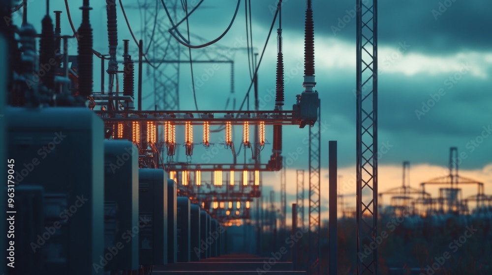 Poster Detailed shot of high-voltage power lines and electrical equipment at a power plant, emphasizing the complexity and precision of the infrastructure.