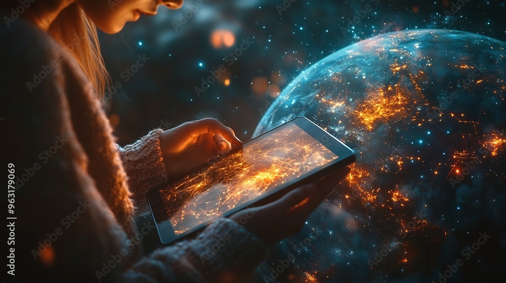 Aufkleber Global internet network connection global business internet of thing concept Business man using digital tablet social networking digital marketing internet technology futuristic tech b : Generative AI