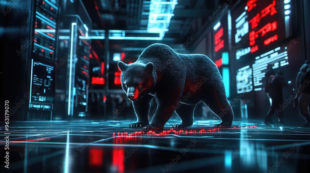 Aufkleber a futuristic bear stands in a neon-lit environment with glowing grids, representing technology and w