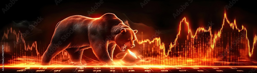 Poster A powerful bear symbolizing market decline in a dynamic and visually striking financial setting.