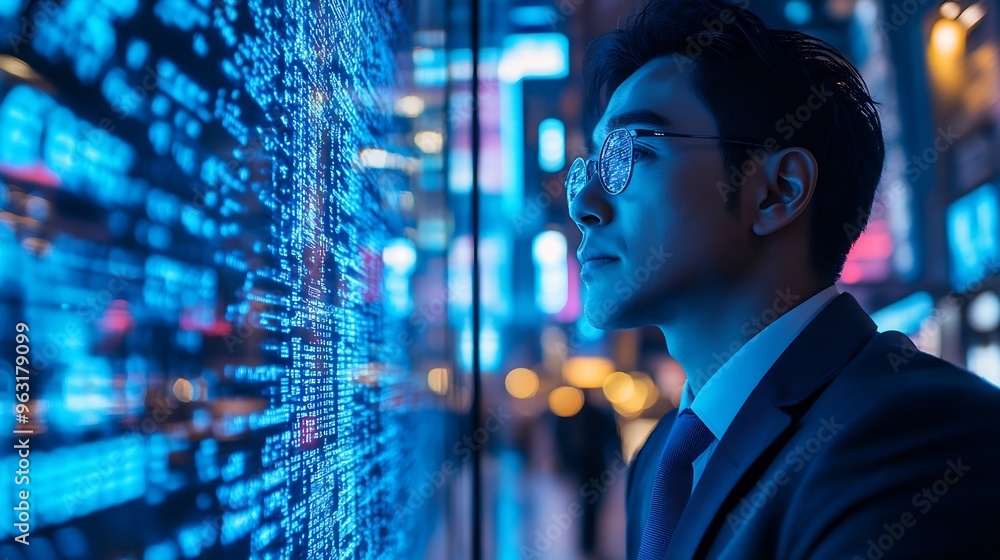Poster businessmen use the intelligence of ai search for data information to growth business and add new cu