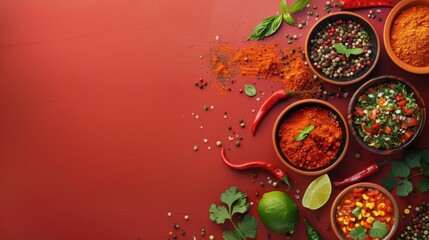 Assorted colorful spices and herbs including paprika, chili pepper, lime, and cilantro in bowls on vibrant red background. Top view mockup with copy space for culinary, food, or cooking themes.