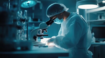 Surgeon using a microscope during a delicate procedure in a high-tech operating room.