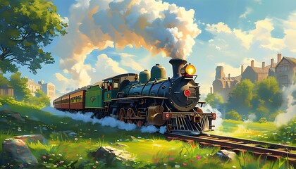 A steam train drove slowly on a sunny day, with white steam coming from the front of the train, green grass surrounding it, and ancient buildings in the background, full of retro scenes.