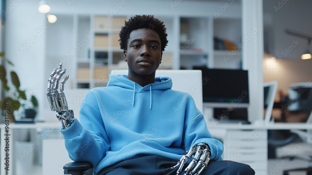 Aufkleber young programmer sits in his office, equipped with advanced bionic arms