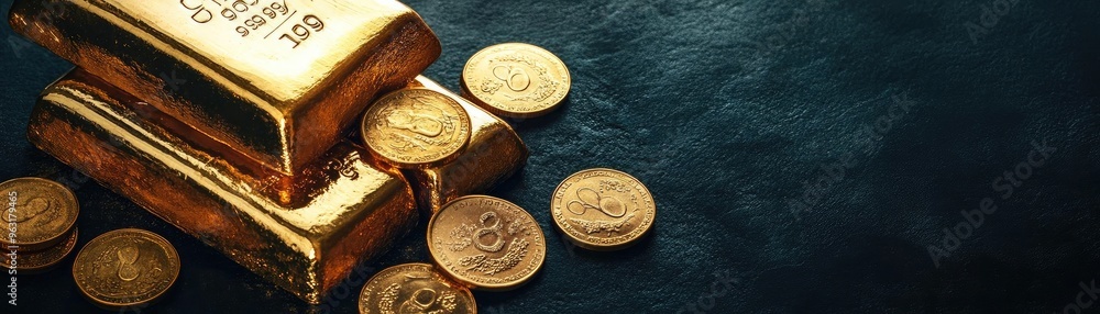 Poster a close-up of shiny gold bars and coins on a dark surface, symbolizing wealth and financial prosperi