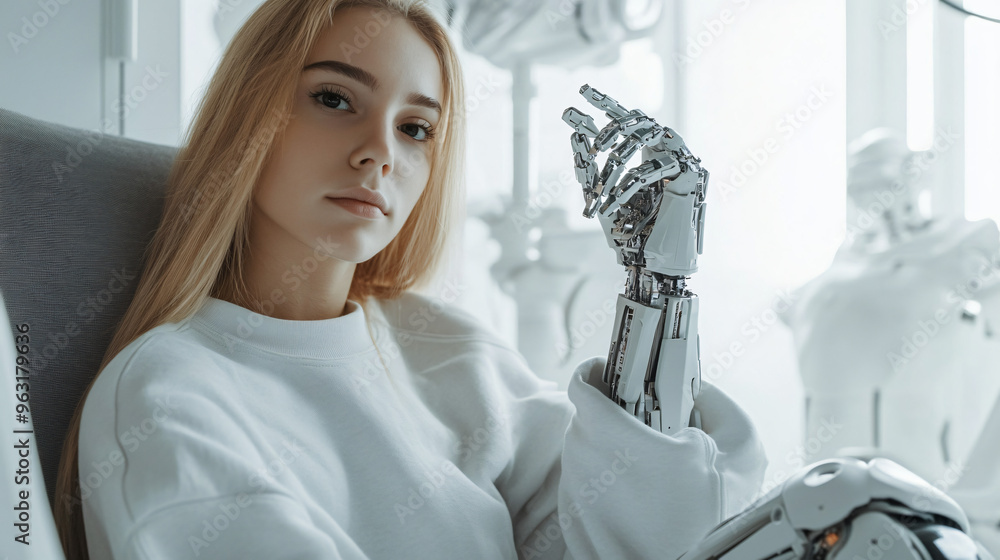 Leinwandbilder Female engineer sits in a laboratory with a robotic arm, while humanoid robots are seen in the background