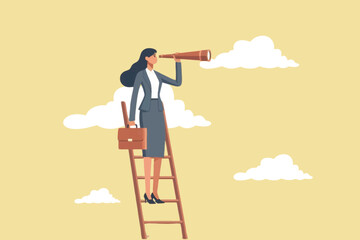 A career woman standing on the ladder of success uses a telescope for future vision © Alya Hasna Fatimah