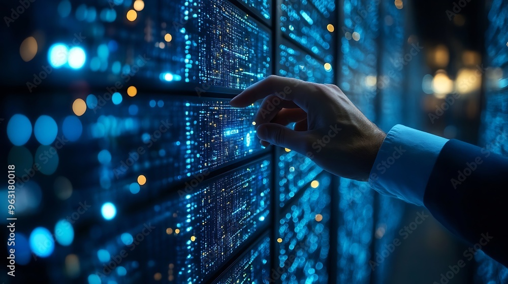 Fototapete Big data digital technology concept Software engineer touching on virtual internet network connection with data center network server innovative futuristic technology background data m : Generative AI