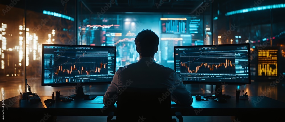 Aufkleber a businessman sits in front of two computer monitors displaying stock market data in a dark room wit