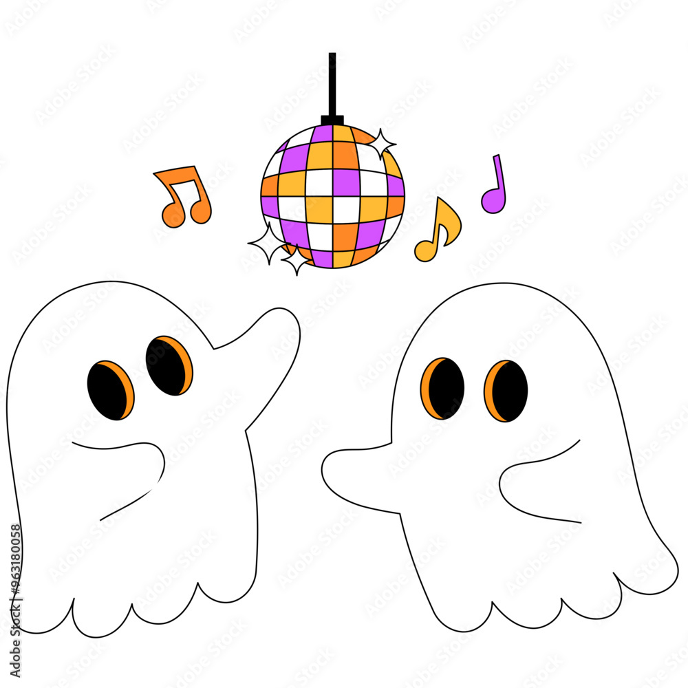 Wall mural cute 2 white ghost dancing under the purple orange and white disco ball cartoon illustration