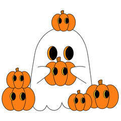 cute white ghost holding halloween pumpkin with eyes illustration