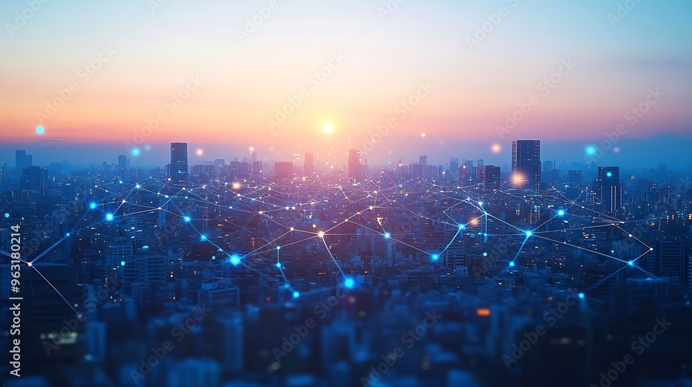 Poster global world telecommunication network wireless communication on modern cityscape background : gener