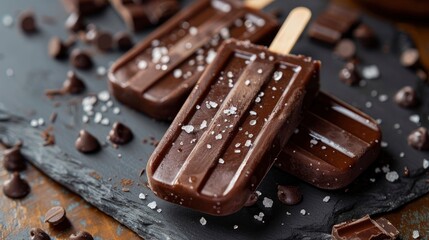 A close-up of a popsicle with a layer of dark chocolate and sea salt, displayed on a slate board. The contrast of the rich chocolate and the vibrant popsicle colors creates a mouth-watering effect.