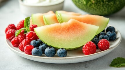 Honeydew melon slices on a white plate, served with yogurt and fresh berries for breakfast.