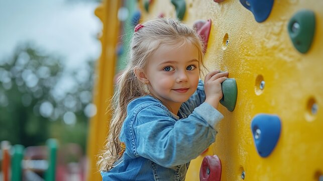 Little girl kid climbing wall at yellow playground park Child in motion during active entertaiments : Generative AI