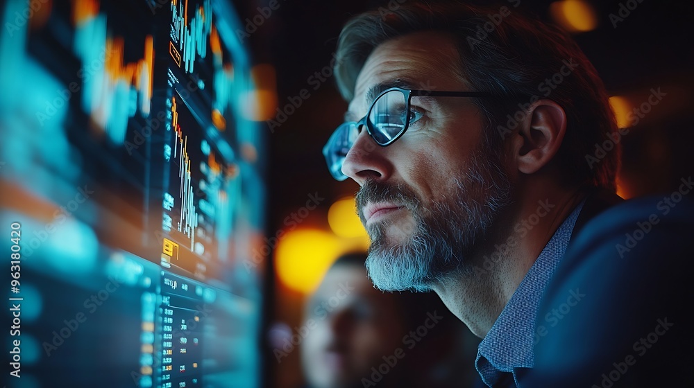 Poster Business professional brokers discussing stock market on pc screen in real time analyzing dynamic exchange rate database graph or interesting unit investment for trading in valued grow : Generative AI