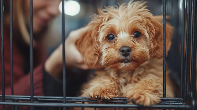 Pet Shop employee putting Small Dog inside cage Pet in isolation behing bars : Generative AI