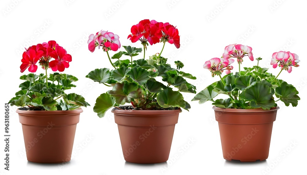 Poster clipping path for potted geraniums- - geraniums in pots cut out with full depth of field.