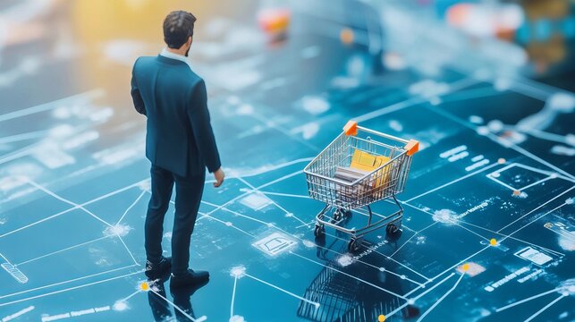 Customer journey, process or milestone for customer to experience until purchase product, marketing strategy analysis, advertising concept, man with trolley shopping cart on customer journey map. 