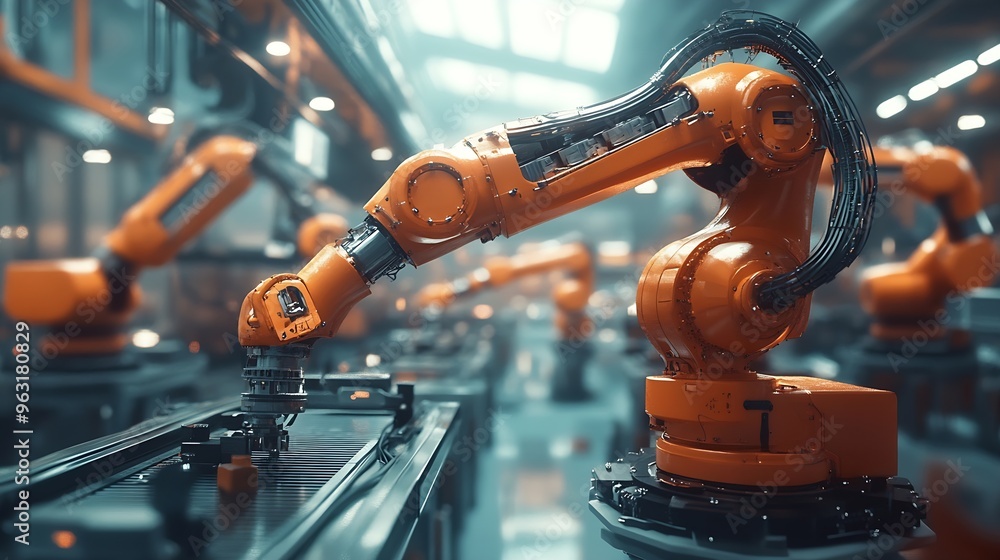 Poster Smart industry robot arms for digital factory production technology showing automation manufacturing process of the Industry 40 or 4th industrial revolution and IOT software to control : Generative AI