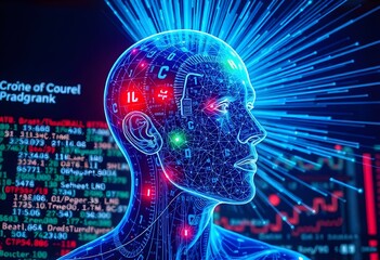 a man made up of transparent web of blue rays his head show the crypto red and green signals and in the background crypto signals shown on the screen