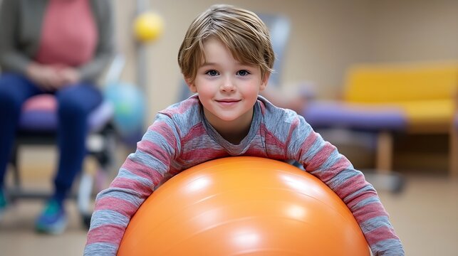 Male child with movement disorders engages in rehabilitation therapy with specialist at childrens rehab center using a fitness ball to restore balance : Generative AI