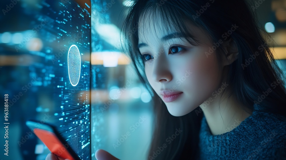 Poster Biometrics security system Woman using fingerprint identification to access personal financial data on mobile phone mobile banking app biometrics cyber security technology against digi : Generative AI