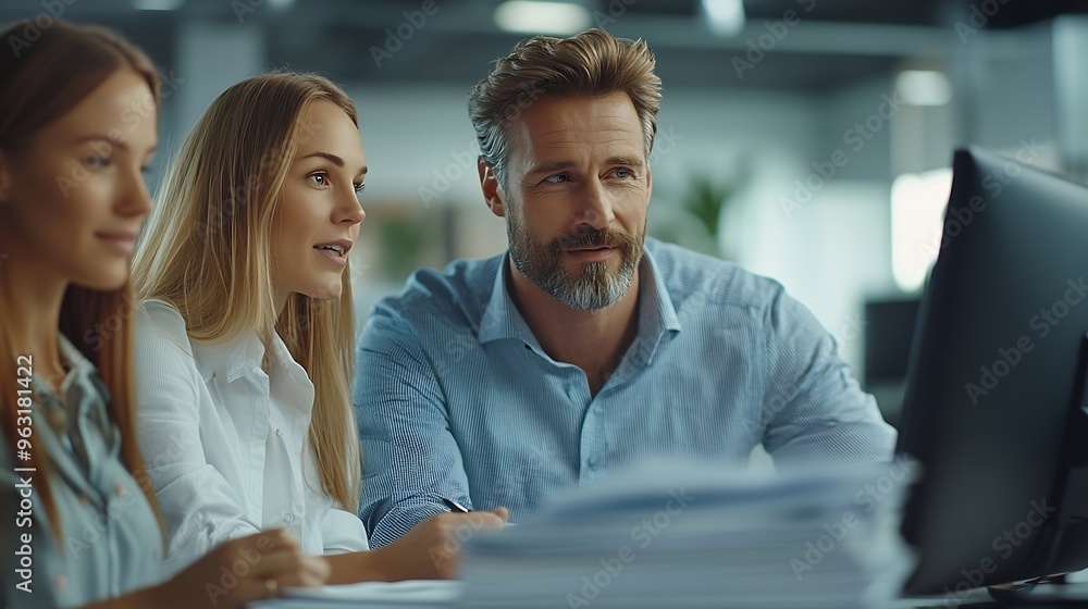Aufkleber A group of professionals collaborating and working together in a modern office They are discussing project solutions and working on paperwork The team looks happy successful and focuse : Generative AI