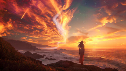 Obraz premium Woman in a Dress Standing by the Coastline at Sunrise