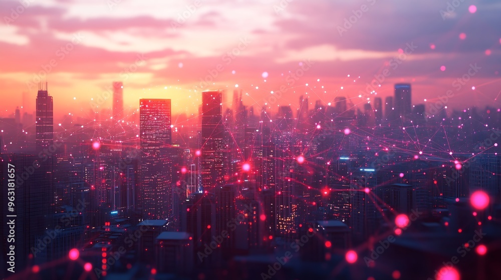 Poster Wireless network and Connection technology concept with Abstract buildings and city background : Generative AI