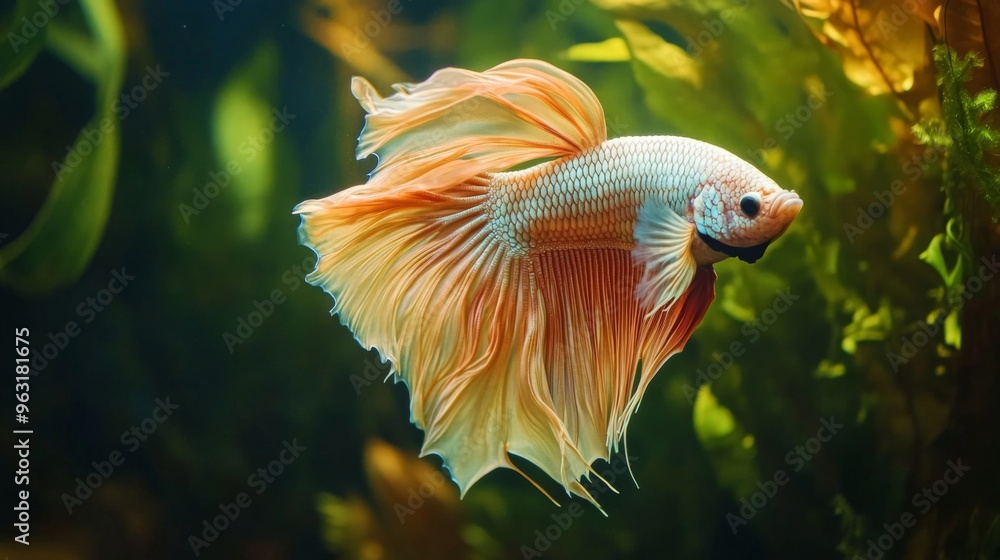 Poster detailed view of a majestic betta fish with a full display of its colorful fins and dynamic posture,