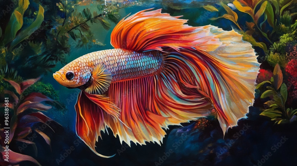 Poster detailed view of a majestic betta fish with a full display of its colorful fins and dynamic posture,
