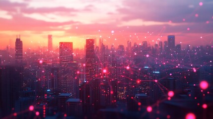 Fototapeta premium Wireless network and Connection technology concept with Abstract buildings and city background : Generative AI