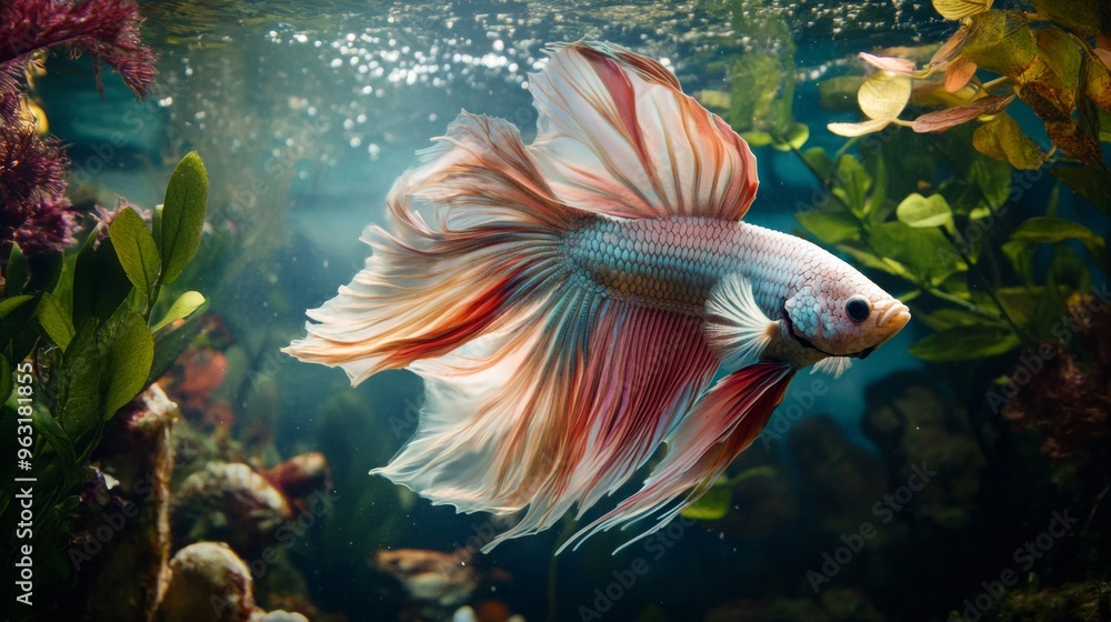 Poster Detailed view of a majestic Betta fish with a full display of its colorful fins and dynamic posture, set against a lush underwater plant backdrop.