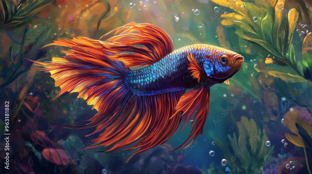 Poster detailed view of a majestic betta fish with a full display of its colorful fins and dynamic posture,