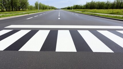 Obraz premium A modern urban landscape features horizontal white lines of a crosswalk on an empty asphalt road in China, showcasing a serene city square without traffic