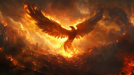 Fototapeta premium 19. A mythical phoenix rising from the ashes in a fiery landscape